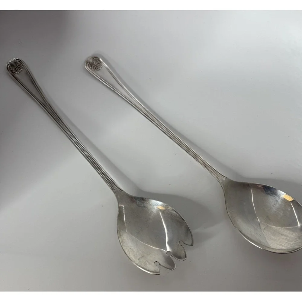 Vintage Set 2 English Silverplate Salad Serving Spoon & Fork Shell Pattern VGUC
